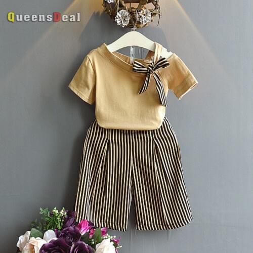 MERI AMMI 2pcs Children Girl Clothing Outfit Set Bowknot T-shirt+Striped Pants For 2-7 Year Toddler Baby Girl