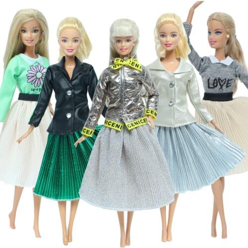 Fashion Lady Outfit Cool Black Coat Shiny Jacket Pleated Skirt Daily Casual Wear Clothes for Barbie Doll Accessories Kids Gift