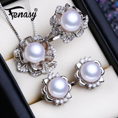 FENASY 925 Sterling Silver Jewelry Sets Natural Pearl Necklaces For Women Classic Stud Earrings Fashion Wedding Pendant Rings
