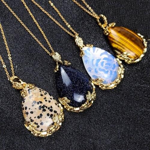 Natural Tiger Eye Stone Charms Jewelry Pendant Necklace Angel Tears Drop-shaped Flower Buckle Phnom Penh Leather Chain Necklaces