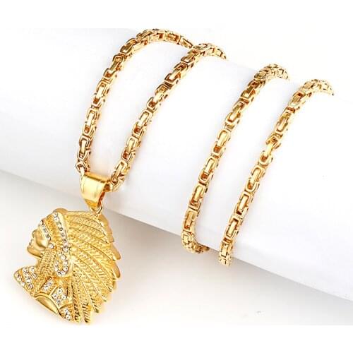 OUMI Mens Stainless Steel Gold Indian Head Pendant Necklace Daily Wear Jewelry (3mm)