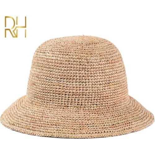 Handmade Ladies Crochet Natural Raffia Straw Bucket Hat For Spring Summer Beach Floppy fisherman Caps