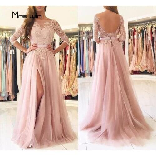 Mrs win Bridesmaid Dresses Pink Lace Side Split Wedding Guest Dress HR256 Plus Size Three Quarter Sleeve Long Vestido Madrinha