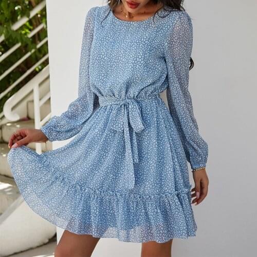 Long Sleeve O-Neck Floral Print Dress Elegant Lace-up High Waist Autumn Women Dress Fashion Ruffled A-line Short Dresses