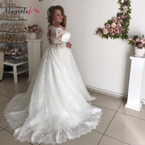 Appliques Wedding Dress Lace Off Shoulder 3/4 Long Sleeves Bridal Gown A line Robe Plus Size ELegant 2020