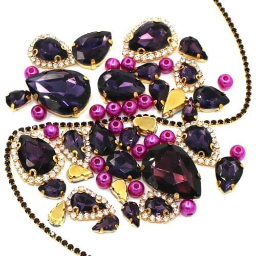 Wedding Decoration gold base Deep purple Mix size Glass Crystal Stones Pearl Beads Cup Chain Rim Rhinestones Sew On Clothing