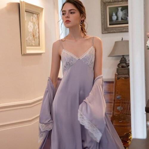 Spring Sexy Suspender Robe Sets Two-piece Lace Night Dress Long Sleeve French Nightgown Purple Sleepwear Sexy Night Pijamas 2021