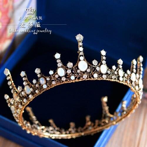 Retro Baroque luxury large round crown bride tiara vintage classic headdress handmade crystal wedding queen crown