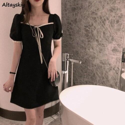 Short Sleeve Dresses Womens Ruched Bow Lace-up Sweet Square Collar Korean Style Lady Lovely A-line Summer High Quality Female