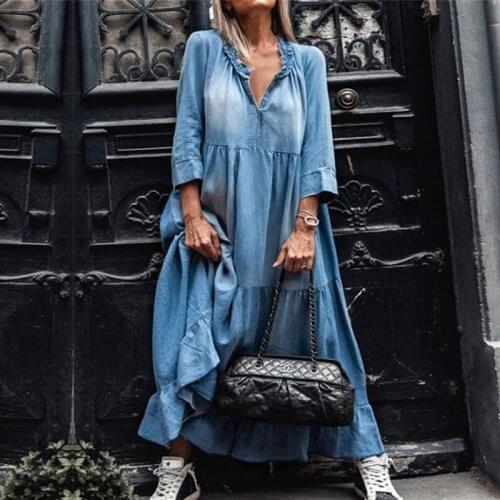 Summer Ruffles Denim Dresses Women 2021 Casual V-Neck Half Sleeve Loose Maxi Dresses Irregular Short Dress Sundress Vestidos 3XL