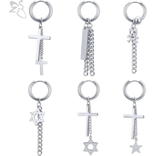 ZS 1 Pair Korean Style Dangle Earrings Stainless Steel Pendant Earring For Men Women Long Tassel Star Skeleton Circle Oorbelle