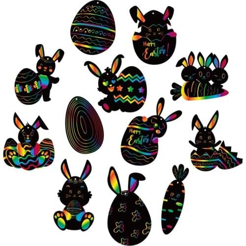 12Pcs/set 2021 Childrens Scratching Painting Set DIY Puzzle Easter Hanging Decoration Egg Scraping Paper Drawing Toy For Kids