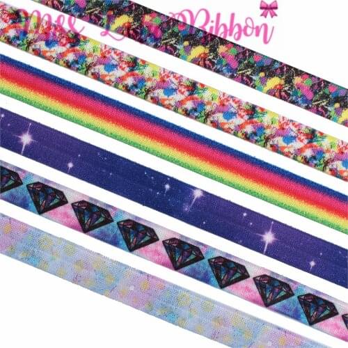 5/8"16mm Colorful Stripes Galaxy Diamonds Printed Fold Over Elastic Ribbon Rainbow DIY Hair Bowknots Gift Packing 50yards/roll