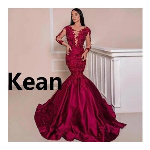 Burgundy Evening Dresses Deep V Neck Full Sleeves Mermaid robe de soiree Evening Gowns Prom Dress Vestidos De Festa