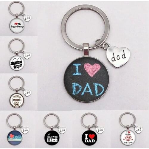 I Love Dad Keychain Letter Design Pattern Glass Cabochon Dome Pendant Key Ring Holder Love Dad Jewelry Gift