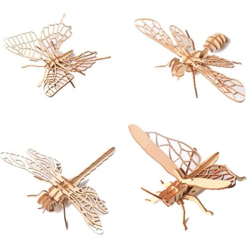 3D DIY Wooden Puzzle Toy Simulation Insect Assembly Puzzle Model Build Gift Toy Set (Butterfly + Bee + Dragonfly + Grasshopper