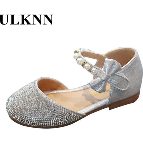 ULKNN Childrens Princess Shoes Fashion Rhinestone Sandals Kids Cute Pearl Bow Girls Baby Non-slip Student Dance Performance