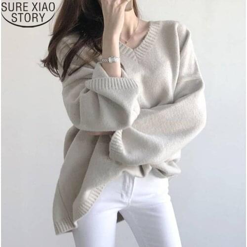 2021 Long Winter Sweater V-neck Pullover Loose Solid Knitted Sweater Women Plus Size Chic New Lazy Style Clothes 11031