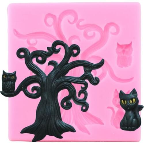 Halloween Cake Border Silicone Mold DIY Tree Branch Cat Owl Fondant Cake Decorating Tools Candy Clay Chocolate Gumpaste Moulds