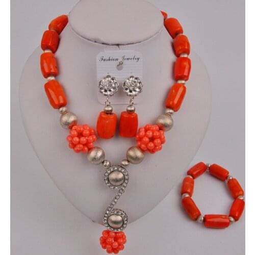 Handmade Beaded Nigeria Wedding Orange Natural Coral Bead Necklace African Bride Wedding Dress Accessories Jewelry Set AU-135