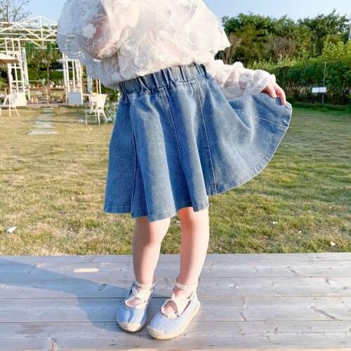 2-7Years Girls Summer Skirts Ruffle Girls Childrens Denim Skirt Baby Kids Toddler Pleated Tutu Rok Cute Knee-length Skirt
