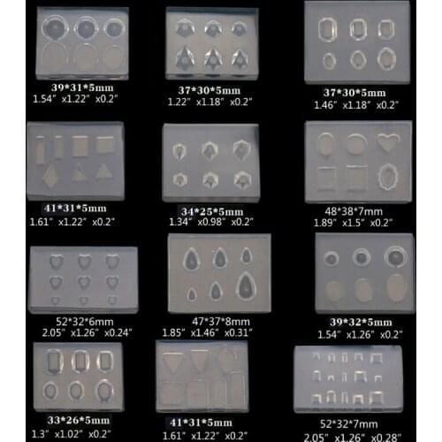 Mini Faceted Diamond Crystals Resin Mold Heart Oval Sqaure Round Gemstone Nail Art Templates Carving Mold Tool Kit 12Pcs