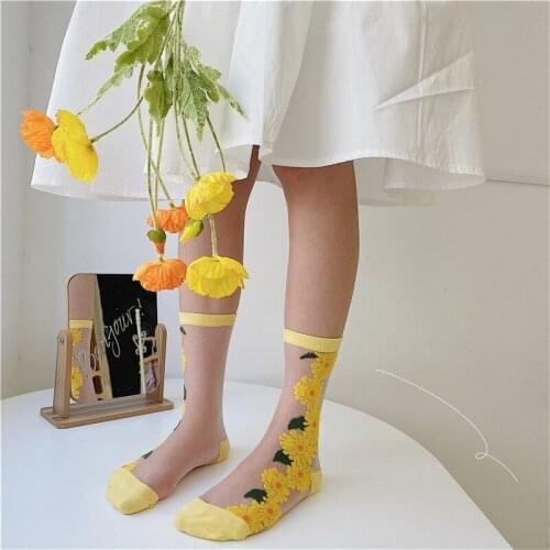 Korean Japanese Style Woman Socks Harajuku Retro Flower Embroidery Crystal Silk Socks Summer Thin Transparent Glass Silk Socks
