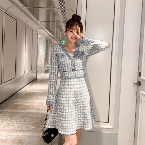 Retro Elegant V-Neck Knitted womens dress Kawaii Korean Loose Straight New Women Winter Party Dress Simple Long Sleeve W219
