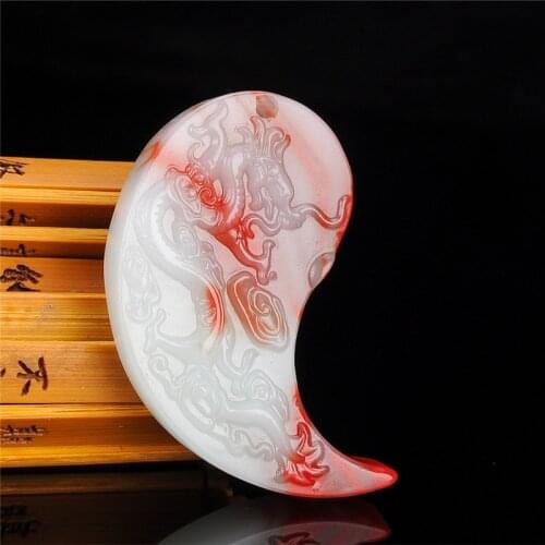 Natural Red White Jade A Pair Dragon Phoenix Pendant Chinese Hand-Carved Fashion Jewelry Charm Amulet for Men Women Gifts