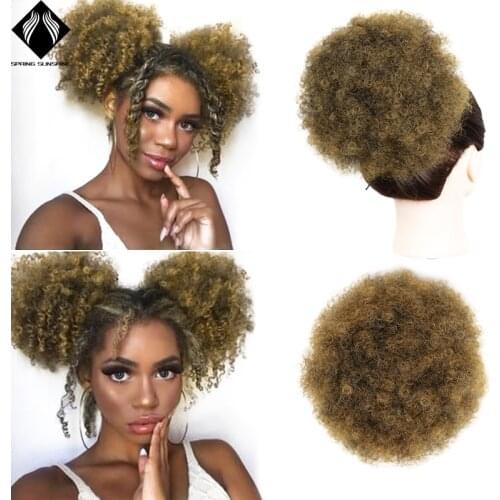Natural Clip In Afro Hair Bun Jet Black Purple Blue Synthetic Kinky Curly Puff Ponytail Drawstring Extension For Women