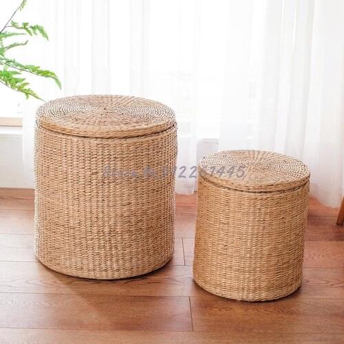 New straw shoe changing stool solid wood storage stool can sit with cover, tidy rattan storage box, footrest sofa stool