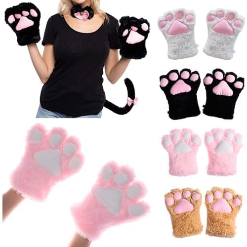 Mittens Women Girls Cute Bear Cat Paw Gloves Winter Warm Thick Fluffy Plush Cartoon Animal Anime Lolita Cosplay