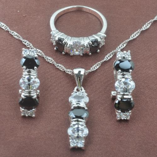 HOT Sale Black Stone White Zircon Womens Silver Color Jewelry Sets Necklace Pendant Stud Earrings Rings Free Shipping TZ0158