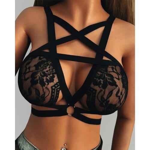 Women Sexy Hollow Bandage Cut-Out Sleeveless Soft Black Floral Lace Corset Bra Ladies Lingerie Brallette Top Bedroom Lingerie
