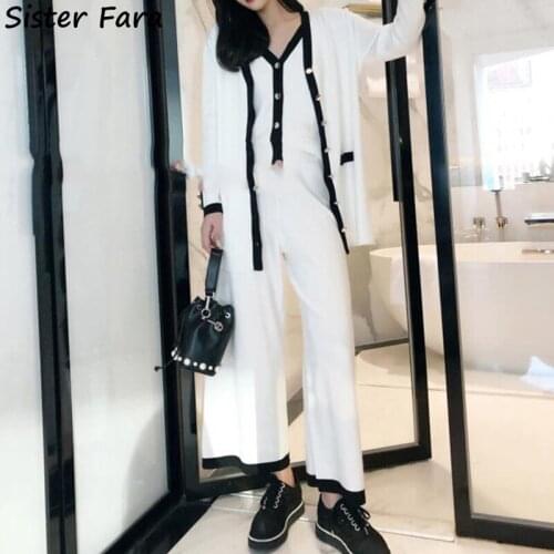 Sister Fara Autumn Winter Knitted Coat Women Set+Sleeveless Vest+Elastic Waist Loose Wide Leg Pants Ladies Casual 3 Piece Suit