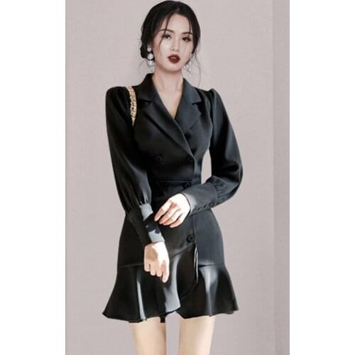2021 Autumn New Korean Fashion Style Elegant Thin Suit Dress Hepburn Women Black Long Sleeve V-Neck Mini Fishtail Dresses
