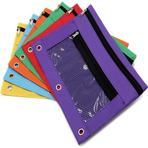 1PC Random Color Double Pocket Zipper Pencil Pouch With Grommet 2 Compartments Assorted Holes&Quick View Mesh Pocket For School