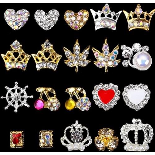 100pcs/lot Nail Art Rivet Alloy Stud Rhinestone Gold/Silver Crown/Heart-shape..Stud Crystal Pearl Nail Tip Luxury Accessory Stud