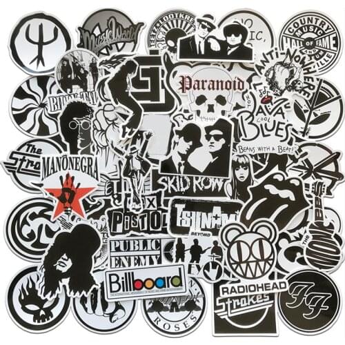 AQK 50Pcs/Lot Rock Roll Band Music Black White Stickers Punk Cool Retro Guitar Skateboard Suitcase DIY TV Car Waterproof Decals