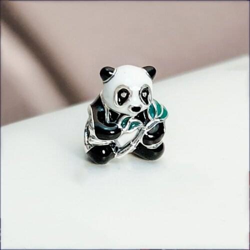Authentic 925 Sterling Silver Bead Sweet Panda Green Bamboo Beads Fit Original Pandora Bracelet For Women Diy Jewelry