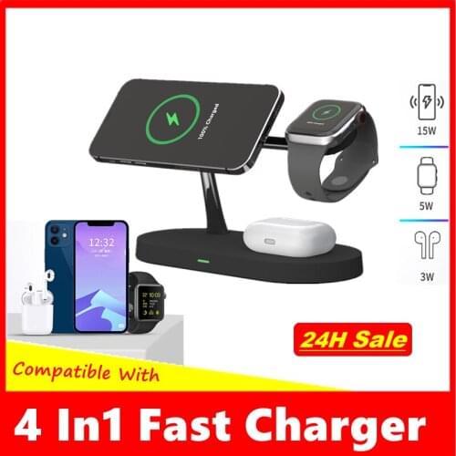 15W Qi 4 in1 Magsafe Wireless Charger For iphone 12 12Pro 12Pro Max For Apple Watch SE AirPods Fast Battery Charger LED Lights