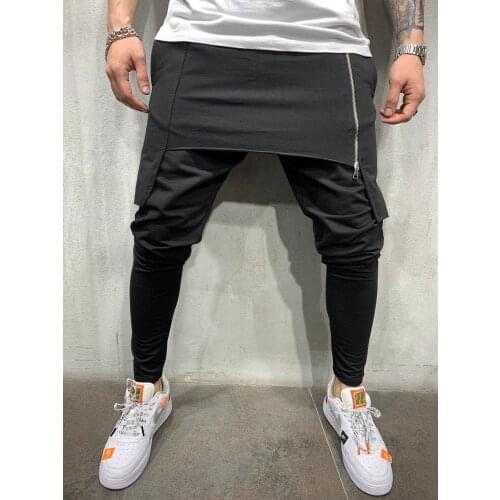 Muscle New Hip Hop Trend Trousers Slim Solid Color Feet Street Sports Casual Trousers Skirt Pants Male Irregular Zipper Pant