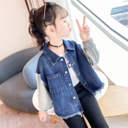 Splicing Jean Jacket Spring Autumn Coat Girls Kids Outerwear Teenage Top Children Clothes School Long Sleeve High Quality