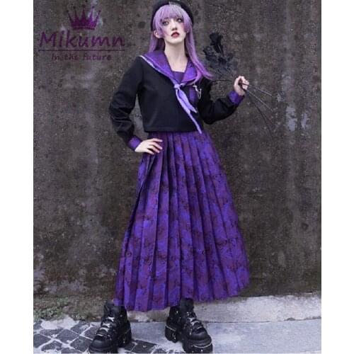 Japanese Harajuku Girls Purple Butterfly Sailor Pleated Long Skirts Gothic Lolita JK Student School Uniform Cosplay Costume