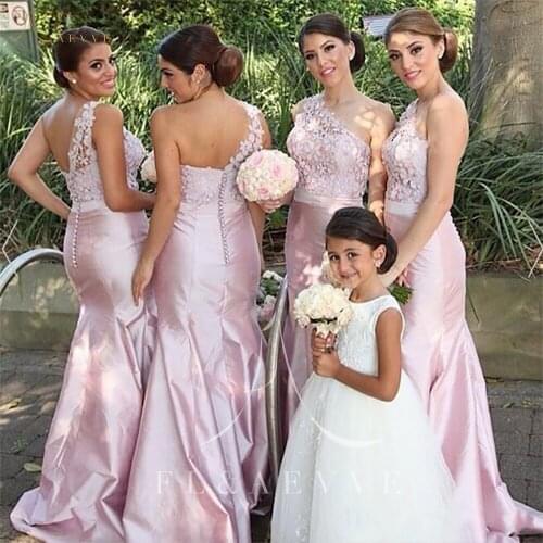Fashion Pink Appliques Satin Mermaid Bridesmaid Dresses One-Shoulder Wedding Party Gowns Strapless Women Dress Plus Sizwe