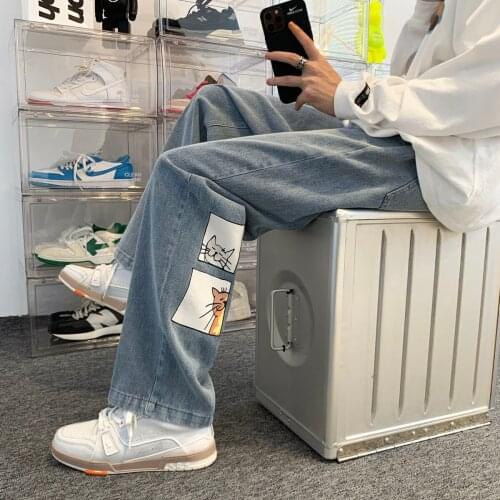 2021 Mens Printing Pattern Wash Jeans Loose Cartoon Printing Trousers Fashion Trend Elastic Waist Casual Pants Big Size M-5XL