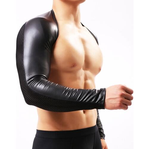Man T Shirts Black Faux Leather Mesh Men Crop Tops Gay Sexy Nylon Spandex Long Sleeves Wrestling Shirts
