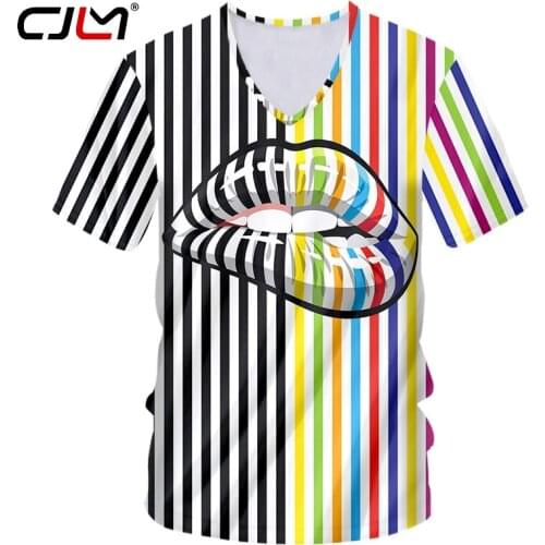 CJLM New 3D Lips Stripes Man V Neck Tshirt Printed Mens Gothic T-shirt Hot Sale Unisex Tee Shirt Recommend