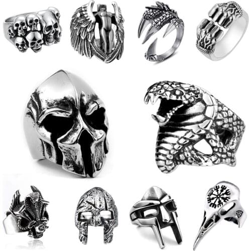 NEW Exaggerated Warrior Skull Mask Ring Fashion Men Domineering Ring Death Demon Retro Ring Jewelry Gift Resizable