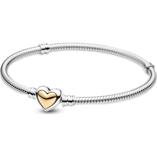 Original Moments Domed Golden Heart Clasp Snake Chain Bracelet Fit 925 Sterling Silver Bead Charm Bangle Diy Europe Jewelry